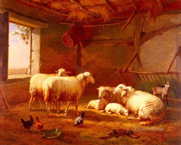  Cabra Pintura - Ovejas con gallinas y una cabra en un granero Eugene Verboeckhoven animal